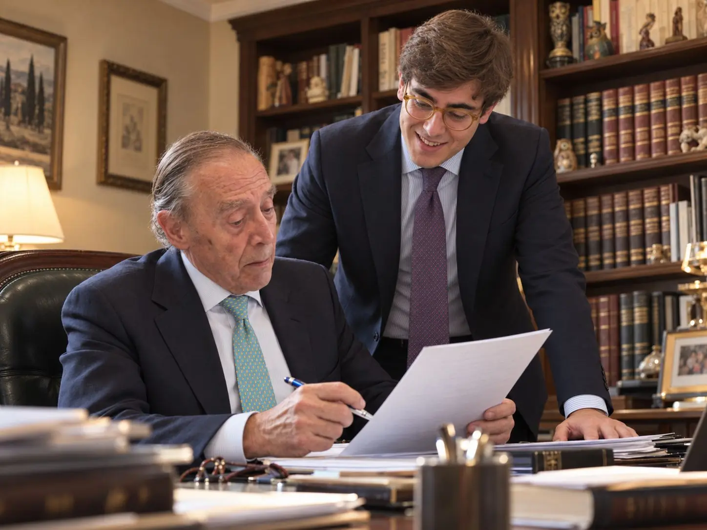 Fernando Bajo Herrera y Fernando Bajo de León revisan un documento en el despacho